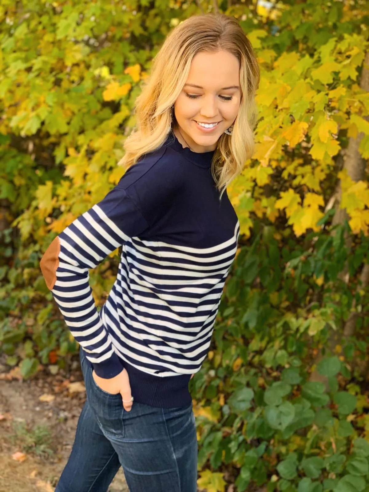 Navy Stripe Patch Sweater- T901