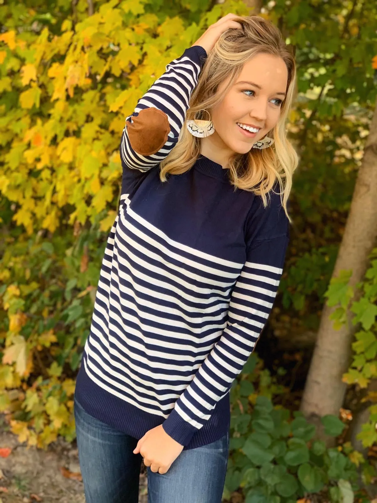 Navy Stripe Patch Sweater- T901