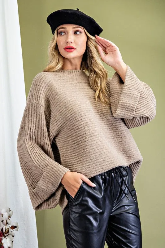 Oatmeal Ribbed Flare Sleeve Sweater