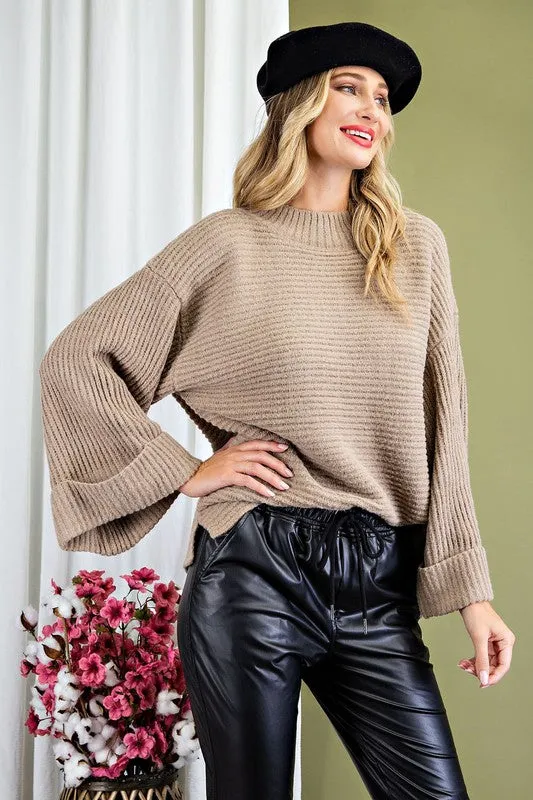 Oatmeal Ribbed Flare Sleeve Sweater