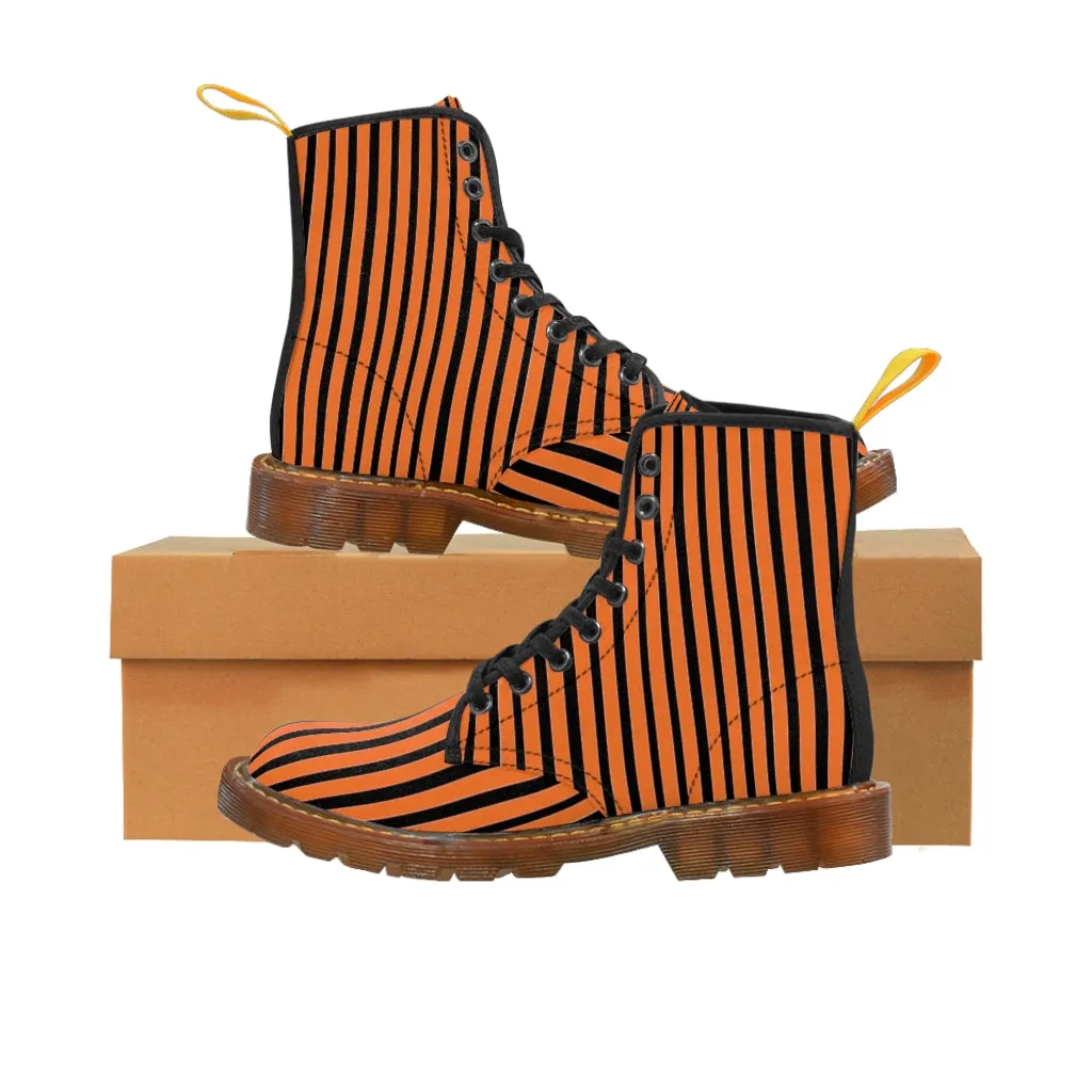 Orange Striped Print Men's Boots, Black Stripes Best Hiking Winter Boots Laced Up Shoes For Men