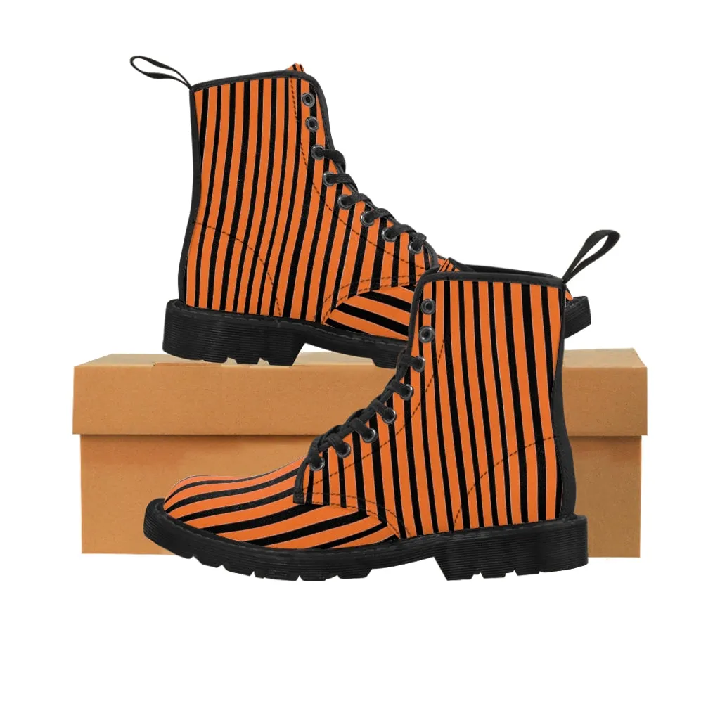 Orange Striped Print Men's Boots, Black Stripes Best Hiking Winter Boots Laced Up Shoes For Men