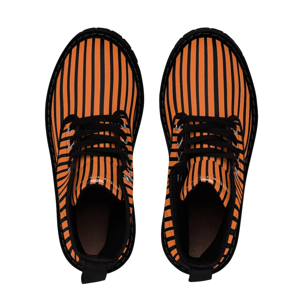 Orange Striped Print Men's Boots, Black Stripes Best Hiking Winter Boots Laced Up Shoes For Men