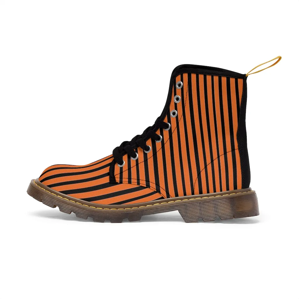 Orange Striped Print Men's Boots, Black Stripes Best Hiking Winter Boots Laced Up Shoes For Men