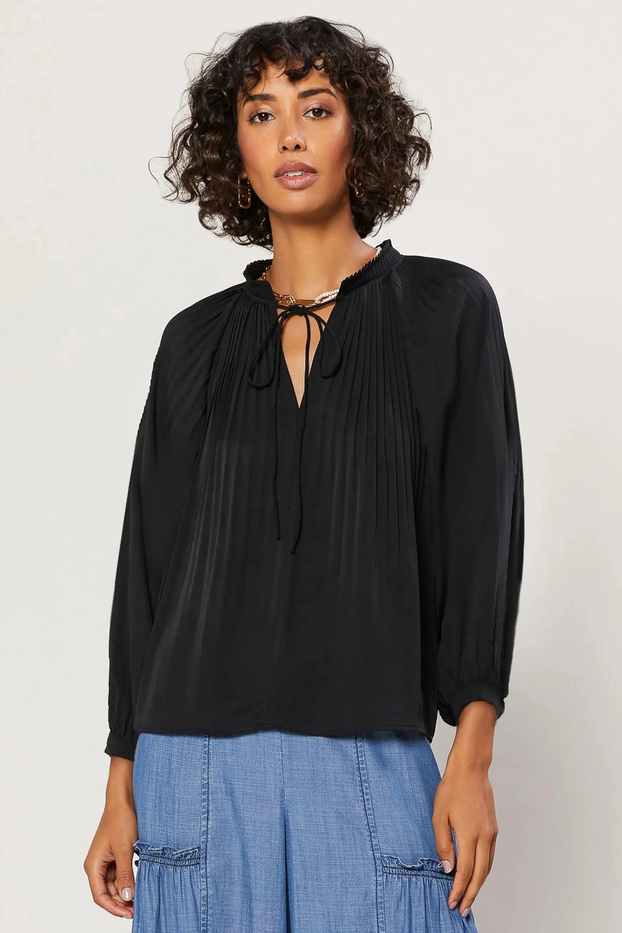 Pleated Split Neck Top in Black