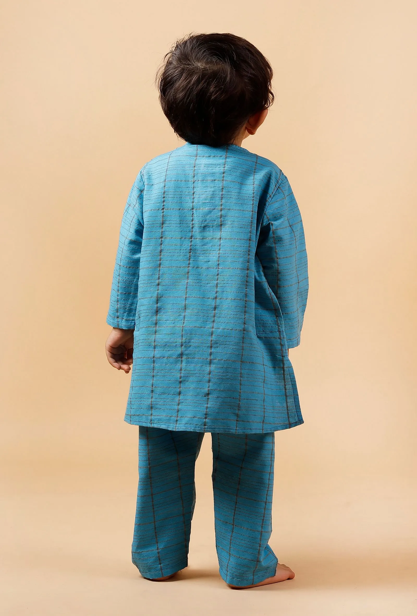 Set of 2: Blue Checked Kurta With Blue Checked Woven Pant