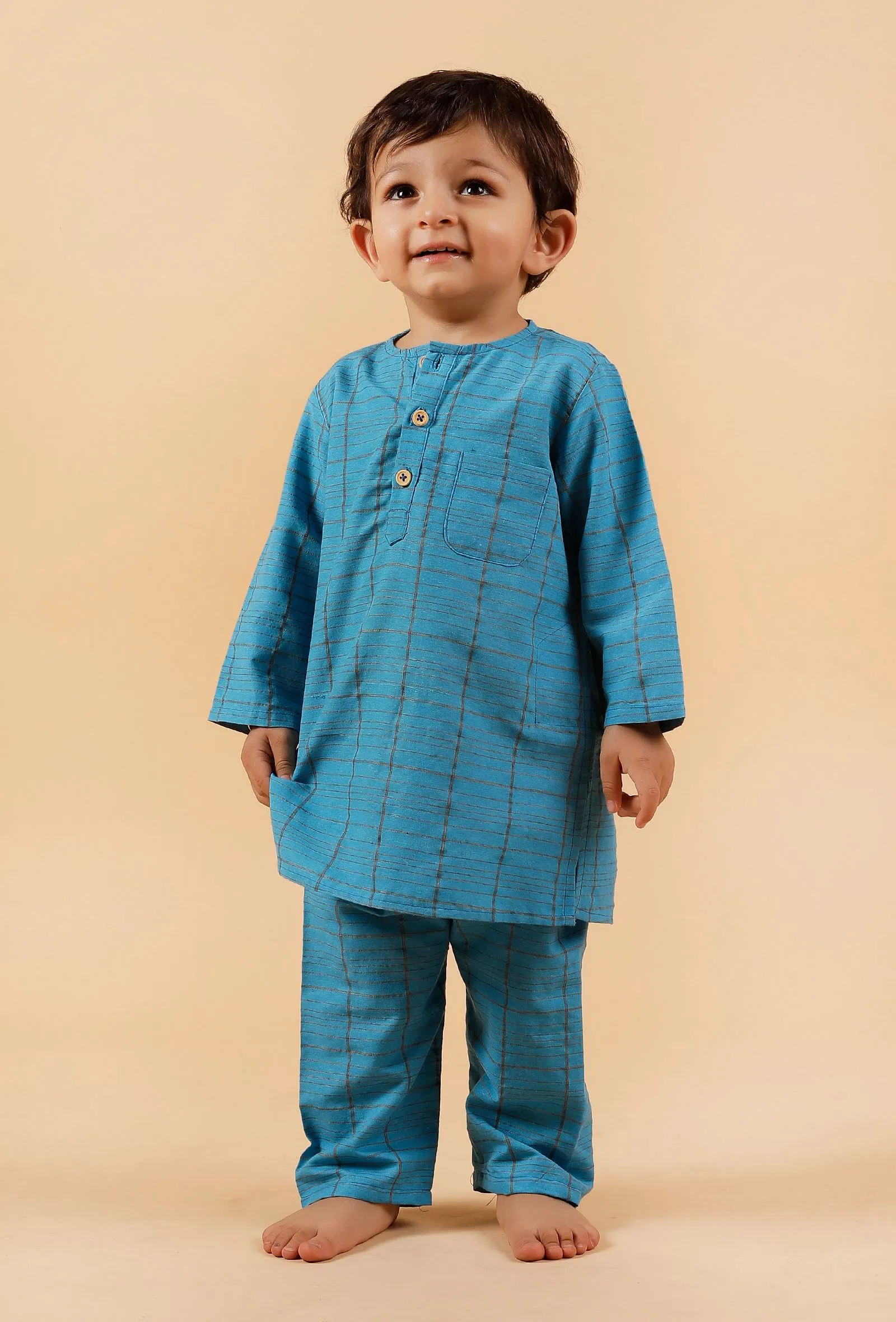 Set of 2: Blue Checked Kurta With Blue Checked Woven Pant