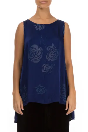 Sleeveless Roses Cobalt Blue Silk Top