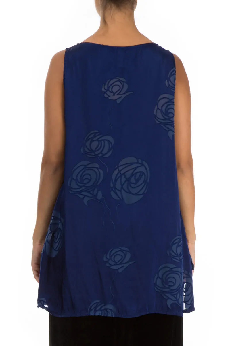 Sleeveless Roses Cobalt Blue Silk Top