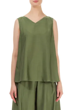 Sleeveless V-Neck Dark Sage Silk Bamboo Top