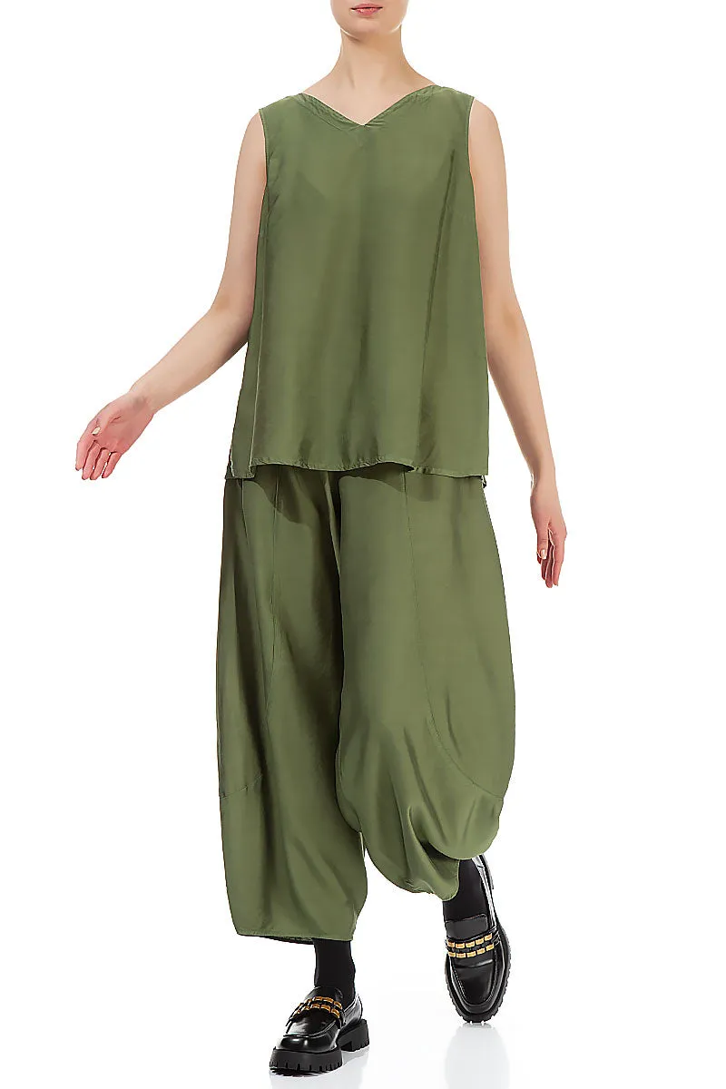 Sleeveless V-Neck Dark Sage Silk Bamboo Top