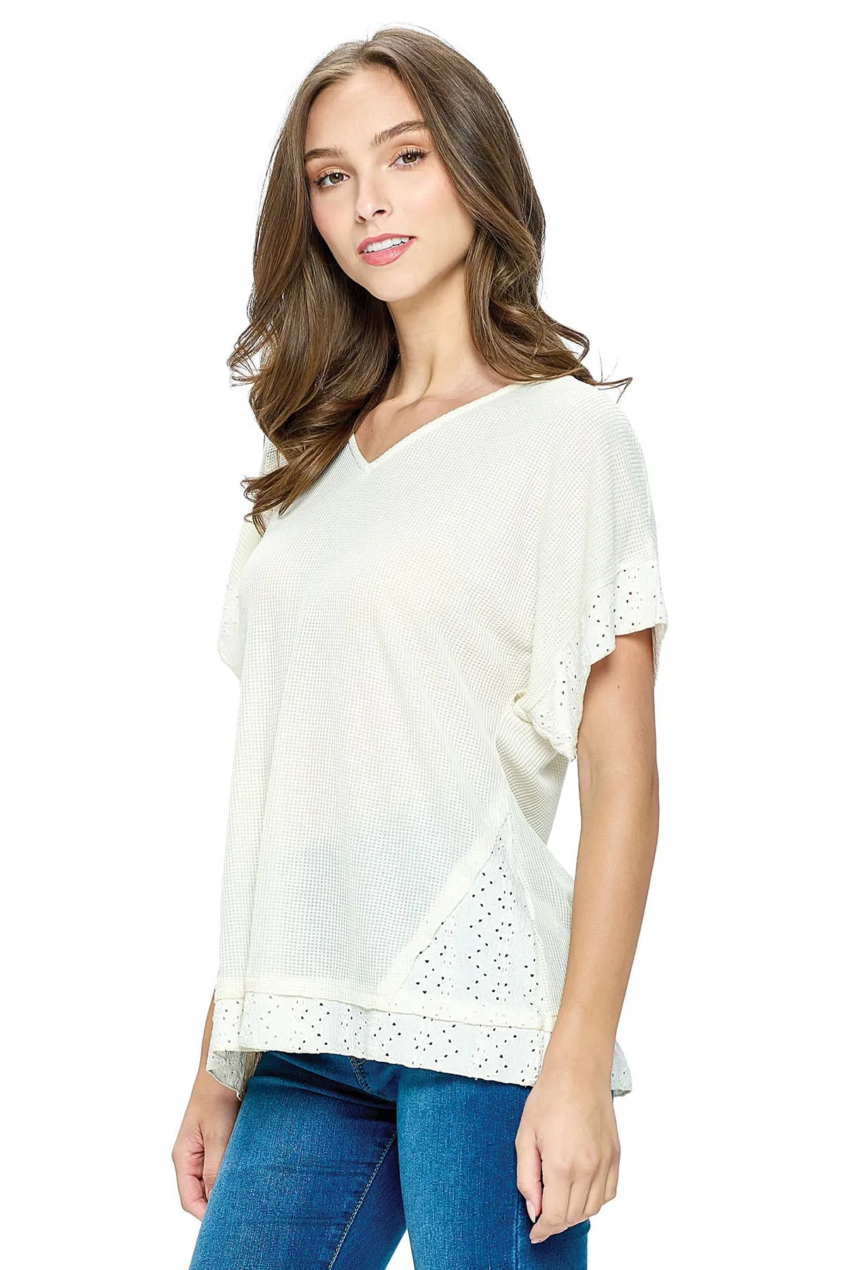 Top Waffle Knit Eyelet Applique