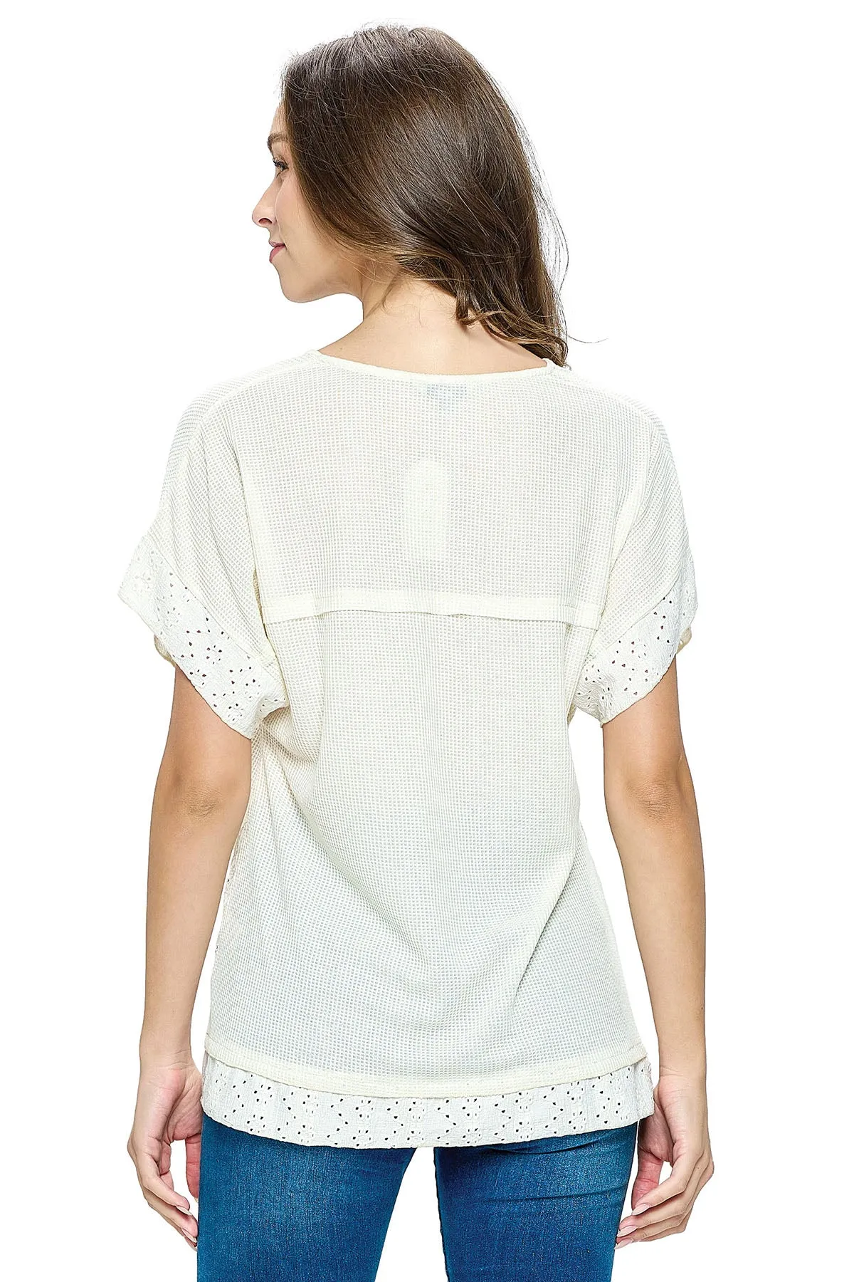 Top Waffle Knit Eyelet Applique