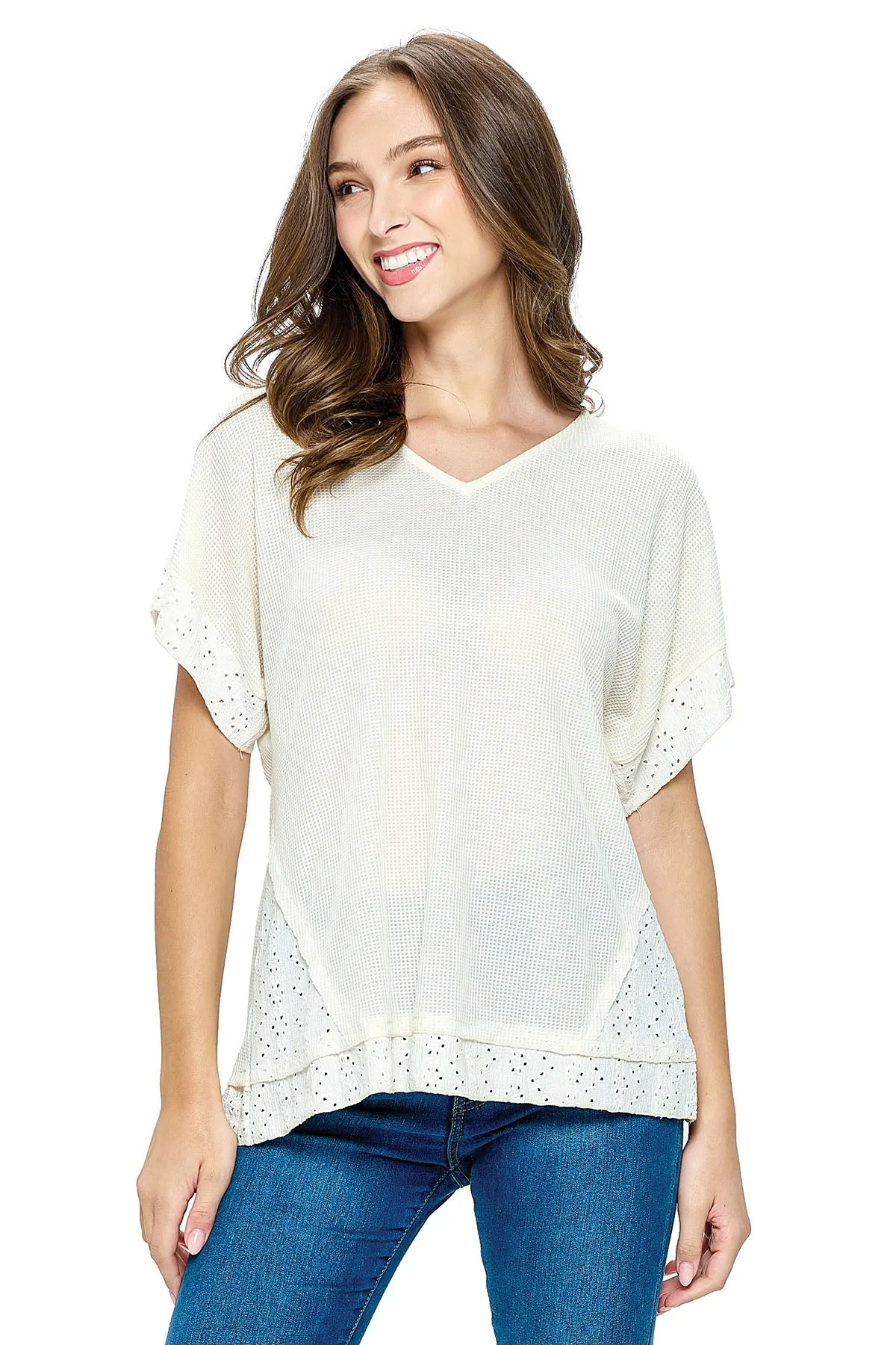 Top Waffle Knit Eyelet Applique