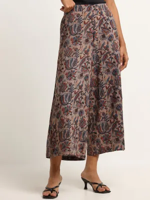 Utsa Beige Floral Print Wide Leg Pants