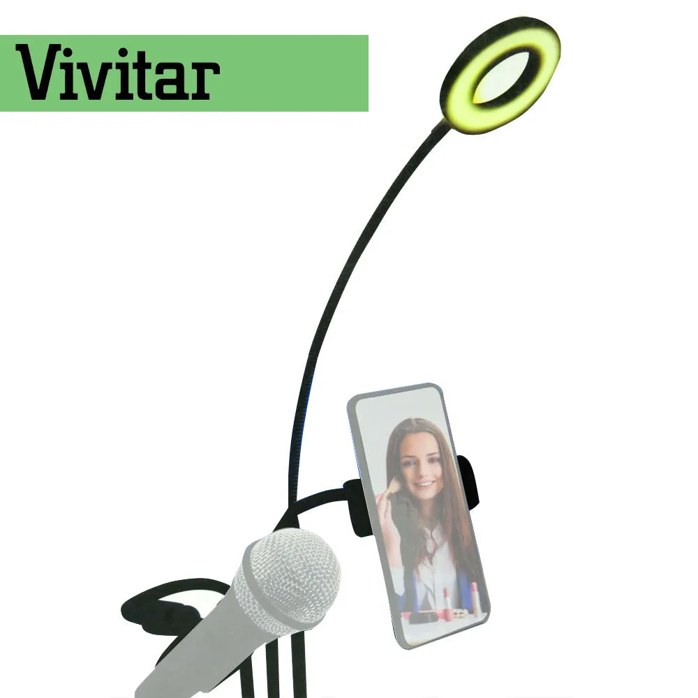 Vivitar Selfie Ring LED Light with Cellphone Stand and Microphone Holder for Live Stream Makeup, 3-Light Mode 10-Level Brightness Adjustment