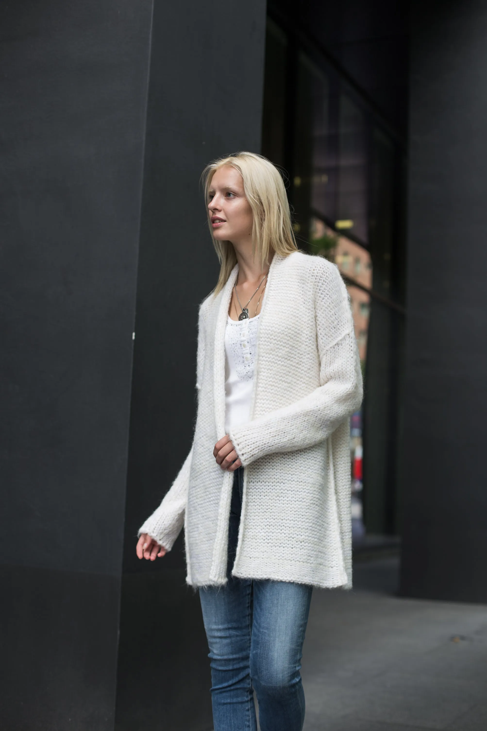 White alpaca knit cardigan.