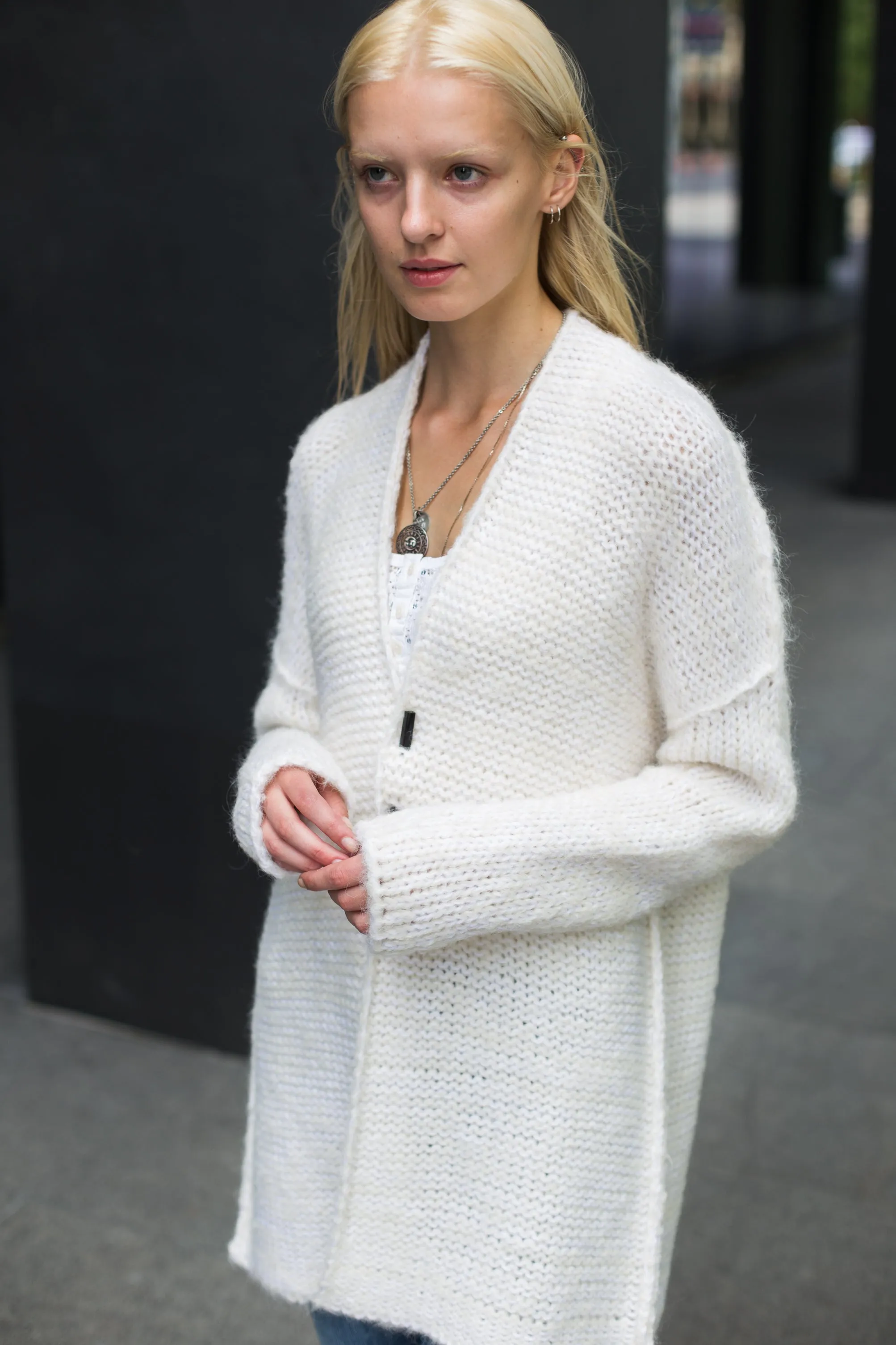 White alpaca knit cardigan.