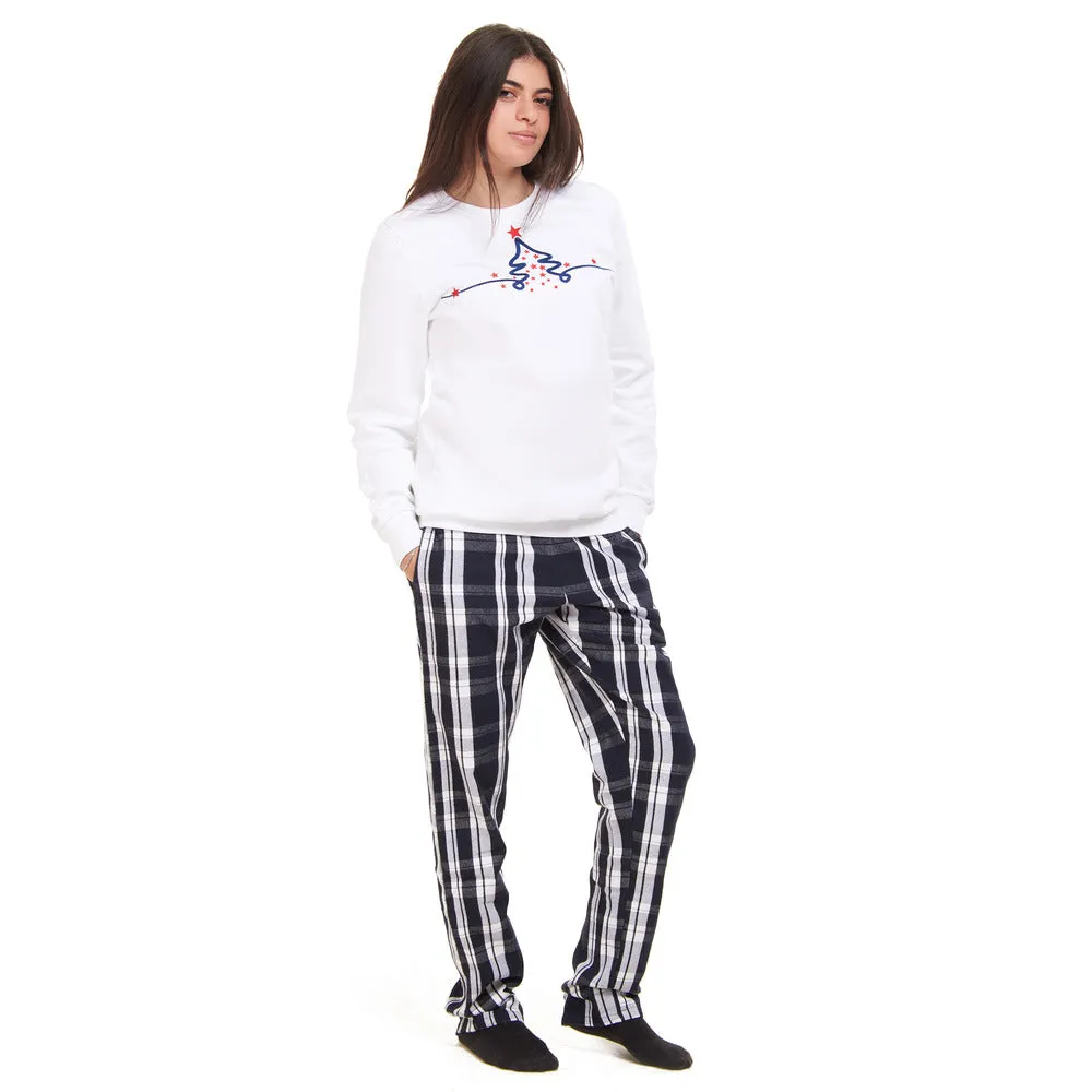 Women Winter Pajama Set Christmas Tree Sweatshirt   Black x White Checkered Pants