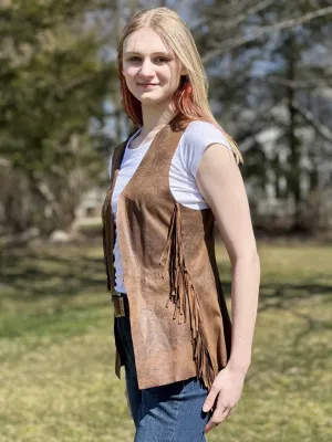 Women's Long suede Vest with side fringes - Brown (AF19111W)